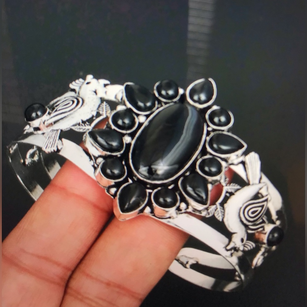 Botswana Agate Black Onyx Stamped 925 Sterling Silver Cuff Bracelet